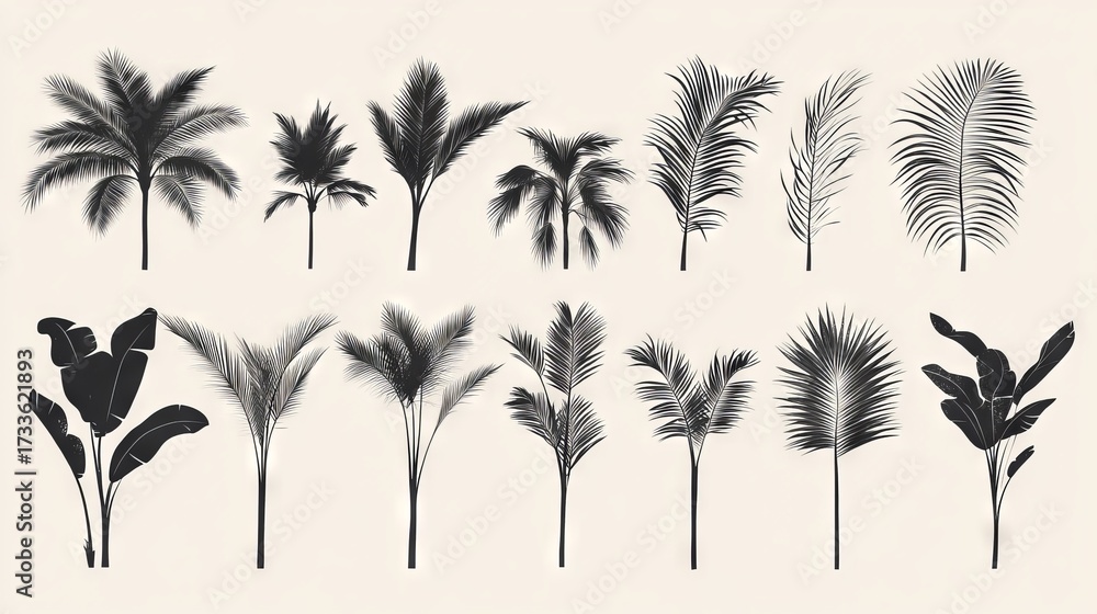 Naklejka premium 75.A set of tropical palm tree silhouettes in various shapes and sizes, elegantly arranged against a plain white background, each tree featuring different types of leaves and curvatures.
