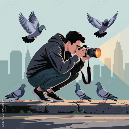 Photographer crouching to take pictures of pigeons in an urban setting camera bird
