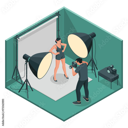 Photographer taking picture of model in studio with lighting equipment photography
