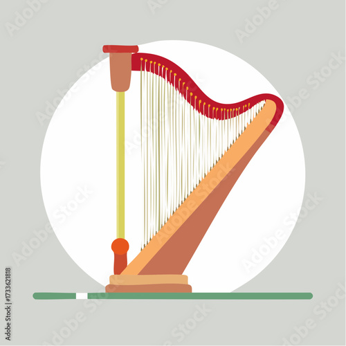 Illustration of a golden harp with red accents and white strings against a white circular backdrop.