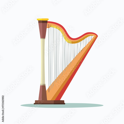 Illustration of a golden and red harp with multiple strings, standing on a light blue surface.