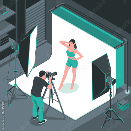 Photographer taking pictures of a model in a studio with professional lighting equipment