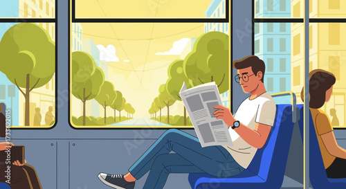 Modern urban life: Man reading newspaper on a public transport in the city