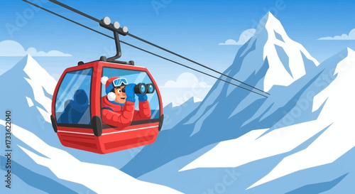 Cartoon illustration of a person in a cable car enjoying mountain views with binoculars