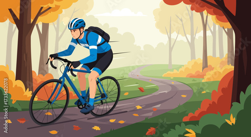 Cyclist enjoys crisp air and colorful scenery on a winding autumn road path
