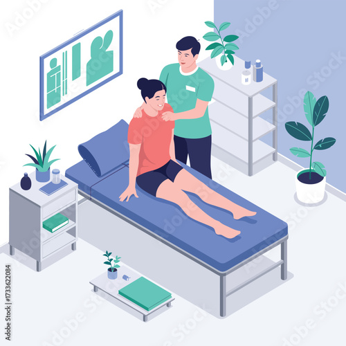 Physiotherapist performing massage on a seated patient on a medical bed physiotherapy