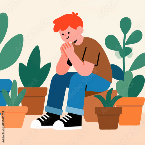 Peaceful indoor garden moment with potted plants and a contemplative boy