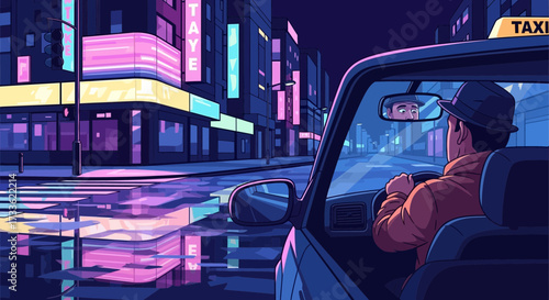 Night ride in vibrant city taxi with reflections, vector illustration