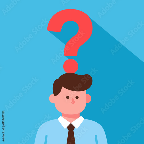 Puzzled businessman with question mark above head on bright blue background