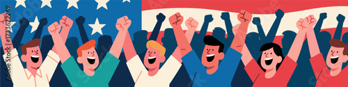 Proud Americans celebrating unity with raised fists against patriotic flag