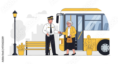Kind bus driver assisting senior passenger with embarking safely on public transport