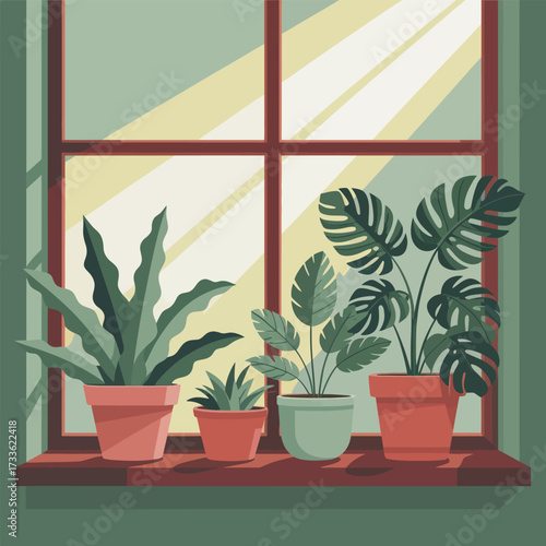 Potted Houseplants on a Windowsill with Sunlight Streaming Through the Window Panes