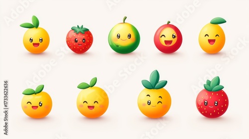 Wallpaper Mural 92.Cute cartoon apple, raspberry, strawberry, watermelon, pineapple, peach, orange, pear, cherry, and lemon. Cartoon fruit character set. Funny emoticon in flat style. Food emoji vector illustration Torontodigital.ca