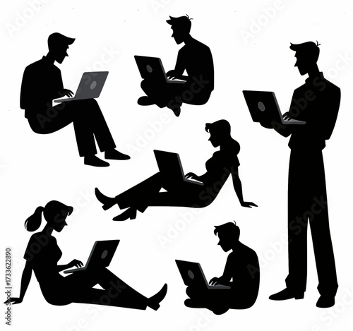 Silhouettes of people using laptops in various relaxed poses against a white background