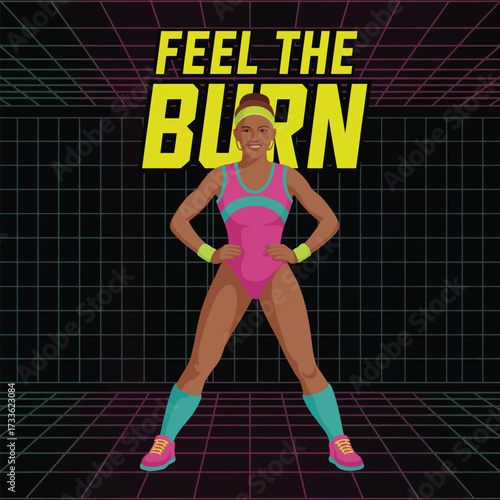 Retro Aerobics Instructor with "Feel the Burn" Text illustration flat
