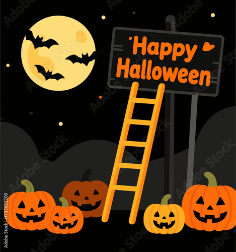 Spooky Halloween night with jack-o'-lanterns, bats, and a ladder under a full moon
