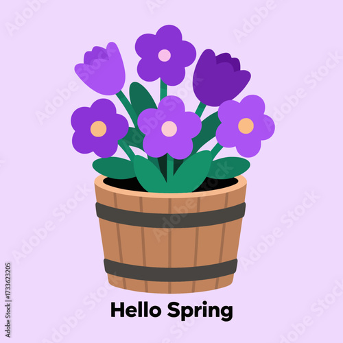 Springtime purple flowers in wooden pot against soft lavender background