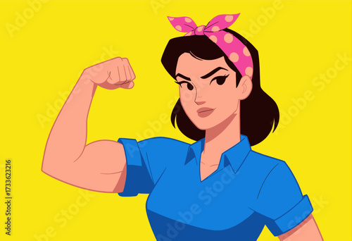 Strong woman flexing bicep in vibrant retro style with bold yellow background