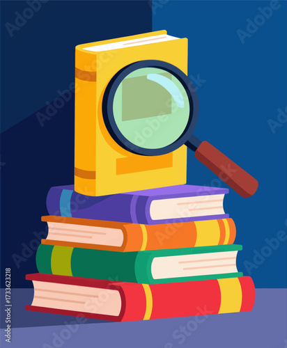 Stack of colorful books with magnifying glass, vibrant illustration, educational theme, blue background, modern style