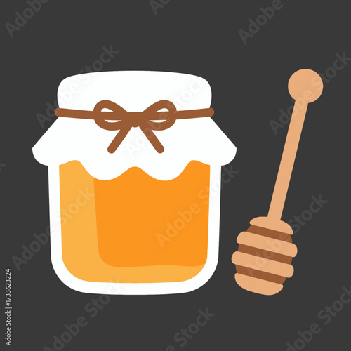 Sweet honey jar with dipper on dark background