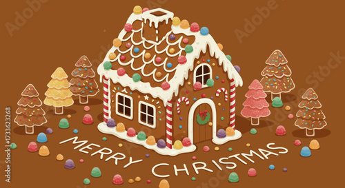 Festive Gingerbread House and Christmas Trees Illustration
