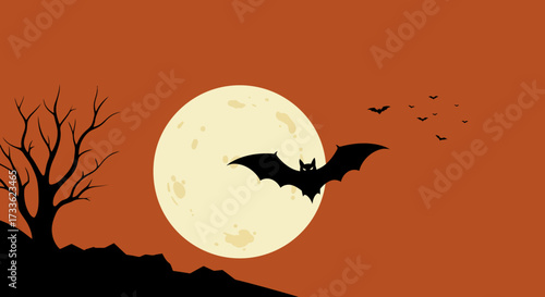 Mysterious night background with a spooky bat silhouetted against the bright full moon for Halloween