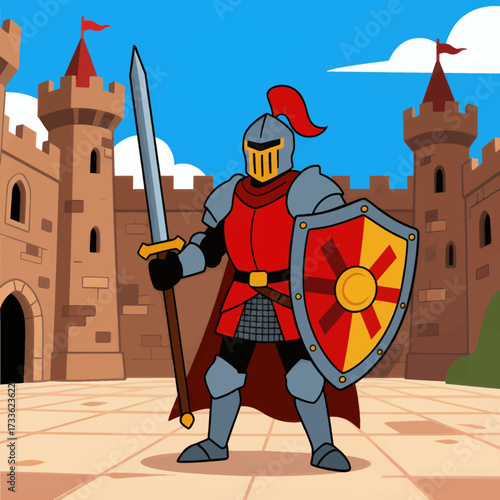 Vibrant cartoon knight with sword and shield in front of castle under sunny sky