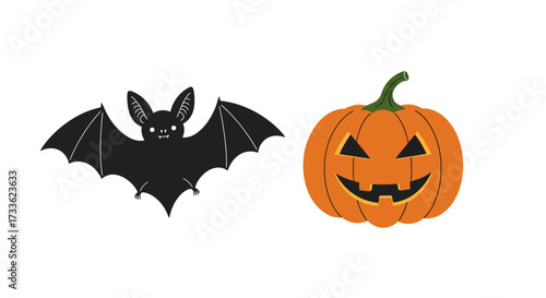 Iconic symbols of the festive autumn season, featuring a classic black bat and a cheerful orange carved pumpkin, perfect for Halloween holiday designs and spooky celebration themes