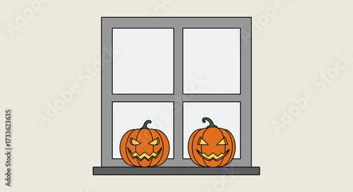 Two carved Halloween pumpkins sitting on a windowsill, ready for trick-or-treaters