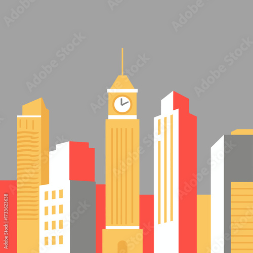 Vibrant city skyline with clock tower in modern urban setting