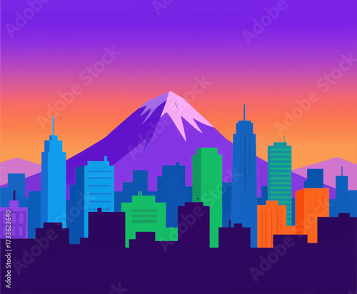 Vibrant city skyline with mountain silhouette under colorful sunset