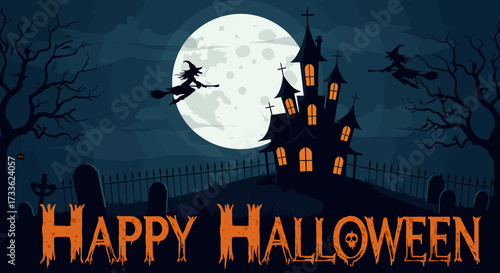 Eerie Halloween night scene with a haunted mansion, graveyard, and witches flying across the full moon, a spooky vector background