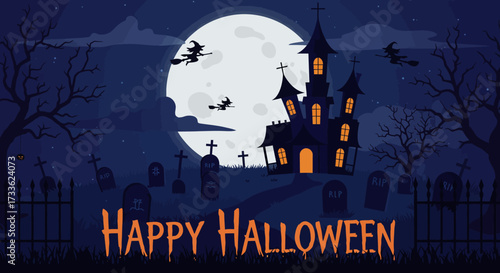Happy Halloween Spooky Castle Under the Moonlight, Perfect for Festive Celebration