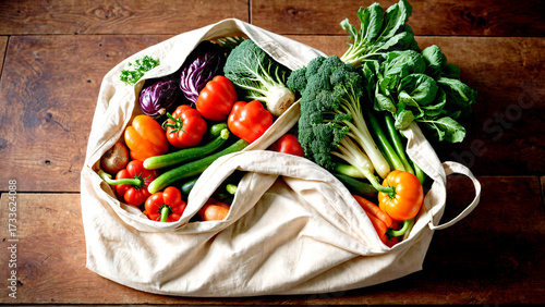 Vibrant, fresh vegetables overflowing from a reusable cloth bag on a rustic wooden surface, symbolizing healthy eating and sustainable living.
