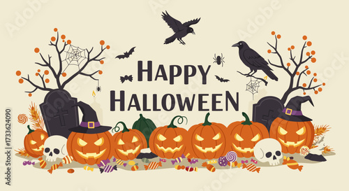 Festive Halloween greeting card design with a row of grinning jack-o'-lanterns, spooky crows, and a graveyard scene