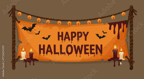Spooky Happy Halloween celebration banner with a festive greeting, flying bats, dripping candles, and creepy decorations for an autumn party
