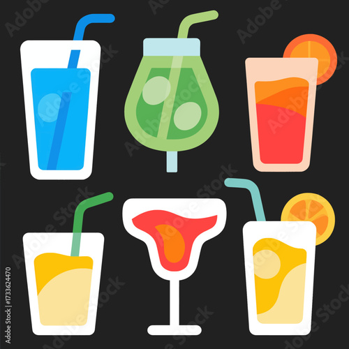 Vibrant drinks collection in flat design style with colorful beverages and straws