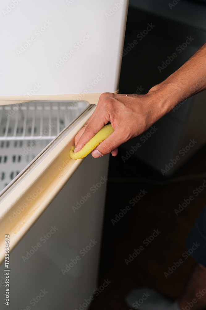Obraz premium Close-up vertical shot of unrecognizable person cleaning refrigerator door seal with sponge, focusing on detailed sanitation and preserving appliance functionality during routine kitchen maintenance.