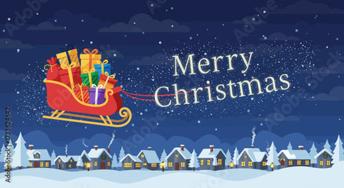 Magical holiday eve with a gift-laden sleigh soaring above a charming, snow-covered village under a starry winter sky, spreading joy and festive cheer