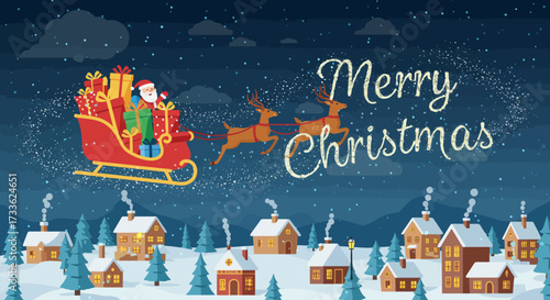 Merry Christmas Wishes Festive Holiday Scene with Santa Claus and Reindeer Delivering Gifts over Snowy Village