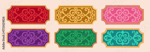 Vibrant ornate labels in pastel hues with intricate floral patterns