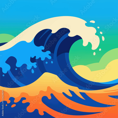 Vibrant ocean waves illustration under bright summer sky