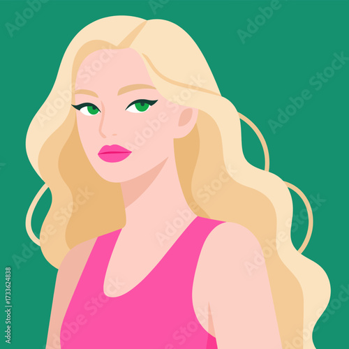Vibrant portrait of woman with blonde hair in pink top against green background