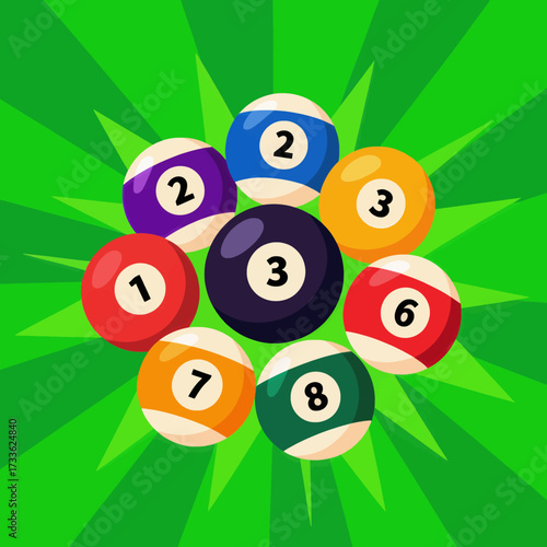 Vibrant pool balls in a colorful burst against a green radiant background