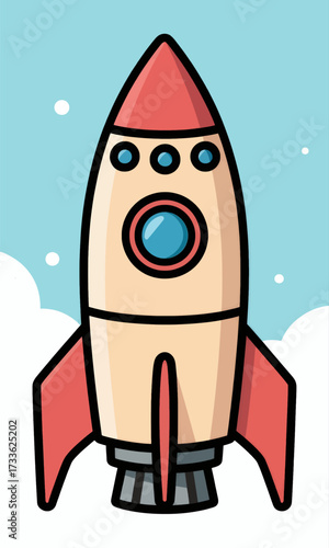 Vibrant rocket ship illustration against a clear sky with fluffy clouds