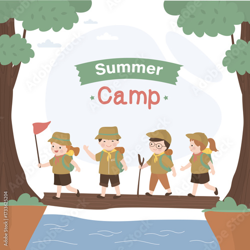 Kids in scout camp. Children in scout clothes walking together over bridge. Set of scout boy and girl. Young tourists traveling children with travel bag backpacks walking by route.