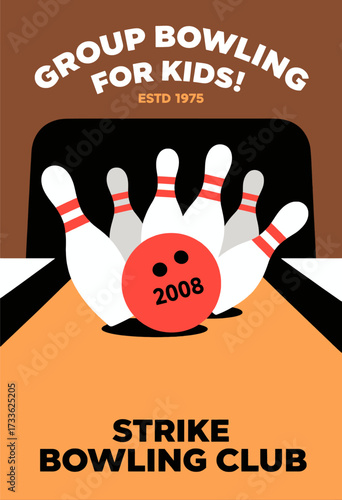 Vibrant retro bowling alley poster with bold typography and classic design elements