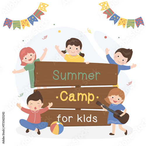 Summer Camp for kids. Happy girl with guitar and boys scout sing songs. Team of scouts sitting near wooden promotion placard. Kids summer camp with school tour.