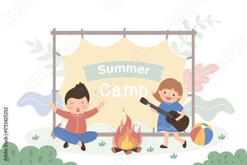 Summer Camp for kids. Happy girl with guitar and boy scout sing song. Team of scouts sitting near campfire. Kids Summer Camp with school tour, advertising board.