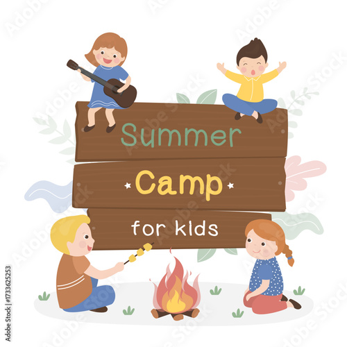 Summer Camp for kids. Happy girl with guitar and boys scout sing songs, roasting marshmallows. Team of scouts sitting near wooden promotion placard. Kids summer camp
